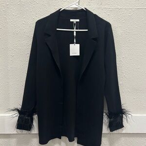 Sioni Black Collared Feathered Sleeve Cardigan Sweater NWT Small